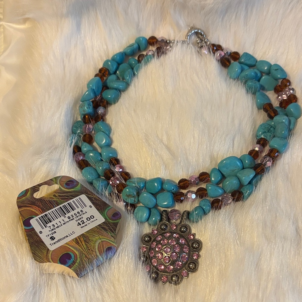 Turquoise and Pink Beaded Necklace